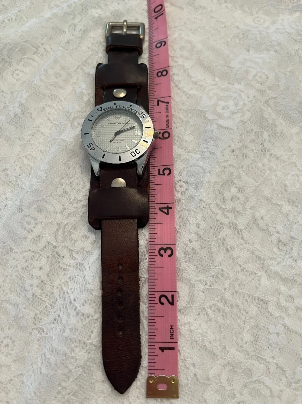 Emporio Armani Silver Dial Watch with Brown Leather Strap